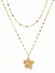 1pc Stainless Steel Floral Pendant Double-Layer Necklace, Elegant Personalized Luxury Delicate Choker Necklace Gift For Women - Golden Flowers - View 5