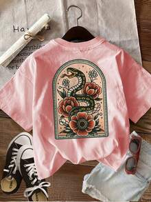 [Double-Sided Print]Summer Casual Women's Top, Vintage Style, Snake And Floral Print, Round Neck, Pure Cotton Short-Sleeve Cotton Womens Vintage Snake - 粉紅色 - 查看 2