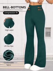 Women's High Waist Flare Yoga Pants, Loose Fit Wide Leg Workout Leggings Sports - Dark Green - View 5