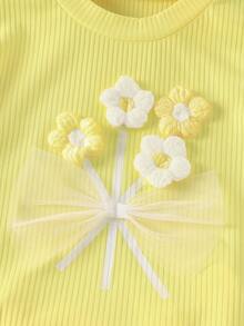 2pcs/Set Toddler Girls' Cute 3D Floral Decor Round Neck Short Sleeve Casual Tank Top And Yellow Ruffle Hem Shorts Set, Summer 2025 - Yellow - View 3