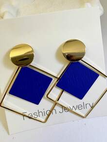 imoli 1 Pair Vintage Copper Geometric Square & Round Hoop Earrings For Women, Creative Gift - (The Square Pieces May Vary In Pattern Depth And Details Due To Batch Differences) - 9814-4-blue - View 9