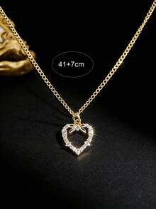 1pc Minimalist Elegant Versatile Rhinestone Copper Alloy Hollow Heart Pendant Necklace, Suitable For Women's Daily Commute And Party Matching, Valentine's Day Gift, Mother's Day Gift - Gold - View 3