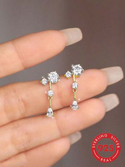 BALMORA 1对925纯银优雅锆石水滴耳环，复古流苏耳环，女士珠宝礼物