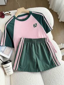 Tween Girl Summer Casual Sports Daily Commute Digital Letter Print Contrast Striped Side Raglan Short Sleeve T-Shirt And Shorts Set - Pink - View 5
