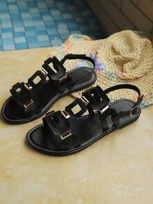 1 Pair Geometric Pattern Elegant Casual Vacation Fashion Basic PU Leather Hollow Out Rivet Inlaid Flat Sandals For Women, Plus Size, Suitable For Beach, Festival, College, Wedding, All Seasons - Black - View 3