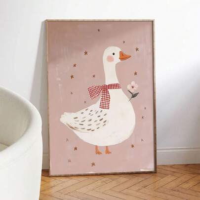 1 pieza Lienzo sin marco para decoración de pared - Decoración de guardería con ganso rosa que presenta un lazo a cuadros rojo y blanco y acentos florales, con un fondo rosa suave que representa animales de granja bajo un cielo estrellado, enmarcado con bordes rosa suave, adecuado como regalo para una habitación