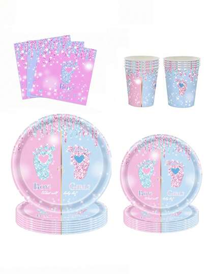 10pcs/20pcs/50pcs/80pcs Pink And Blue Gender Reveal Party Paper Supplies Set, Disposable Tableware With Pink Blue Glitter Baby-Footprint Design, Include 7/9inch Paper Plates Paper Cups 6.5inch Paper Napkins ForTheme Party Baby-Shower Gender Reveal Party Decorations