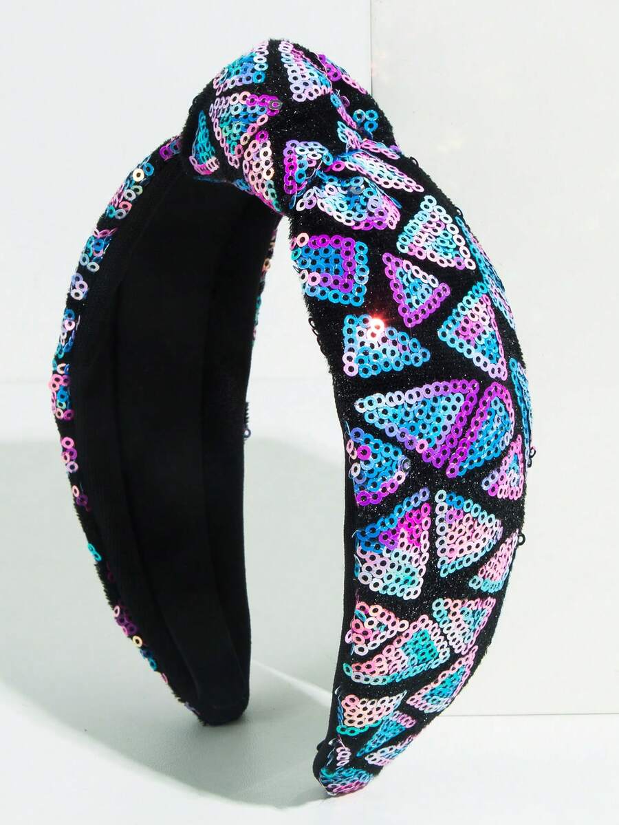 1pc Black Fabric Knotted Wide-Brim Glitter Headband, Exaggerated Sparkly Decor Party Headpiece, Personalized Carnival Headdress, Summer, Hair, Holiday Hair Band Hair Hoop - Purple - View 1