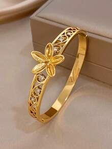 1pc Vintage Flower Link Bangle Bracelet For Women Hollow Stainless Steel Golden Bangle Bracelet For Daily Party Mother Day Valentine Wedding Music Festival Christmas Jewelry Gifts - Multicolor - View 2