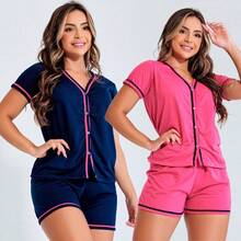 Pijama Amamentação Americano Baby Doll Blogueirinha Malha Ondinha Feminino com botão - Preto - Visão 4