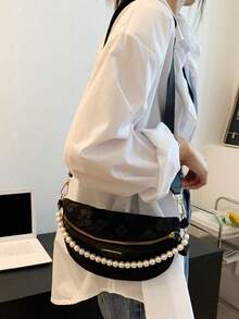 Pearl Decor Women Crossbody Waist Bag Chest Bag - Black - View 5