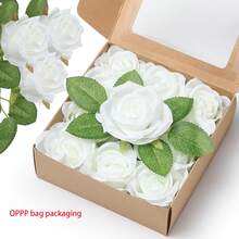 25 Stücke künstliche Rosen, realistische Seidenblumen Rosenstrauß, 20 Rosen mit 5 grünen Blättern, DIY Hochzeit Valentinstag Heim Dekoration, OPP Beutel Verpackung (ohne Box) - Weiss - Übersicht 1