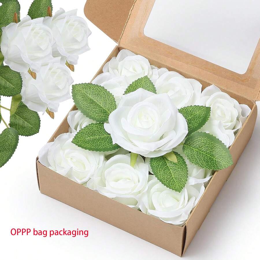 25 Stücke künstliche Rosen, realistische Seidenblumen Rosenstrauß, 20 Rosen mit 5 grünen Blättern, DIY Hochzeit Valentinstag Heim Dekoration, OPP Beutel Verpackung (ohne Box) - Weiss - Übersicht 1