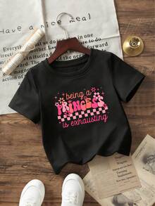 3pcs/Set Young Girl Casual Funny Print Round Neck Short Sleeve T-Shirt, Summer Top - Black - View 3