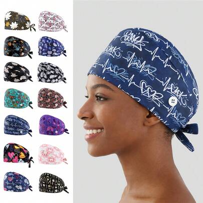 Mũ y tá in họa tiết, điều chỉnh được, chống bụi, phù hợp cho bác sĩ, nha sĩ, bệnh viện, thẩm mỹ viện, gây mê, phẫu thuật. Họa tiết hoa, trái tim, hoạt hình. Chất liệu polyester, buộc dây, phù hợp cho mọi mùa.