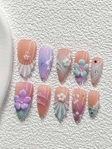 10件套梦幻童话风手工美甲套装，包含假指甲、花朵亮片美甲装饰、手工五瓣花、条纹波点美甲贴纸、紫色、白色和绿色指甲油，清新马卡龙风格，内含美甲工具（1个果冻贴纸+1个指甲锉），三种尺寸可选：杏仁形、鸭嘴形、棺材形，适合派对、日常佩戴、活动、摄影、春夏等场合。 - 彩色 - 查看 18