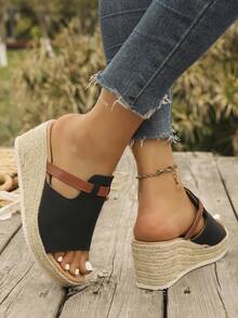 Women's Straw Wedge Rope Open Toe Slippers, Thick Sole Elevated Summer Outdoor Sandals - Black - View 8