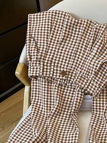 Quần ống đứng, in họa tiết kẻ caro, cạp chun, túi, kiểu dáng thường ngày, phù hợp cho công sở, đi nghỉ mát, đi học, du lịch, phong cách mới mùa xuân. - màu nâu - Xem 5