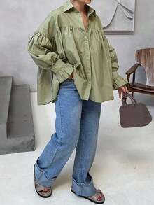 Women's Casual Shirt With Button Decorative Bell Sleeves, Solid Color Polyester Blouse Spring - 紅色 - 查看 10