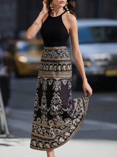 Elegaris Aliao 优雅花卉拼接印花A字裙，适合夏季海滩度假、情人节、假期、女士半身裙、婚礼季、白色派对、复古风格、宫廷风格、吸睛装扮、优雅日常、度假半身裙、夏季半身裙。