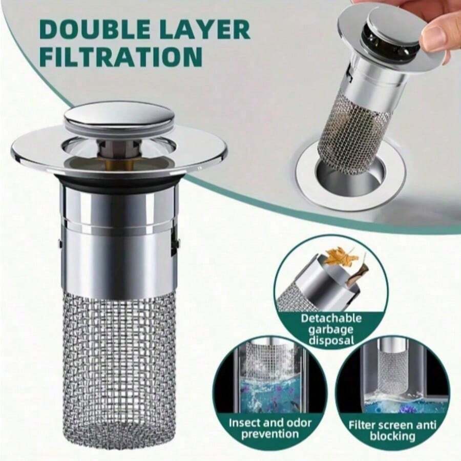 Stainless Steel Pop-Up Bathroom Sink Drain With Anti-Odor Filter - Brass Core, Universal Kitchen And Bathroom Sink Drain Assembly