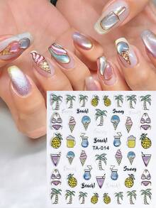 1pc 5D Jelly Sunny Beach Summer Nail Stickers Embossed Pearly Luster Vacation Style Shiny Pineapple Coconut Palm Tree Ice Cream Drink Sea Nail Art Decals DIY Wedding Nail Charms Decoration Party/Holiday Nail Supplies - Multicolor - View 3