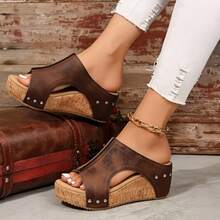 Summer Best-Selling Comfortable And Elegant Slippers, Women's Platform Sandals And Wedge Sandals Shoes / Retro Thick Sole And Waterproof Design - Women's Open Toe Side Hollow Slip-On Sandals Casual Beach Slippers, Suitable For Outdoor Activities, - màu nâu - Xem 4