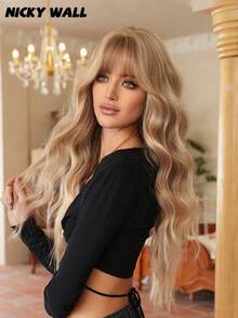 NICKY WALL Blonde Ombre Wavy Wigs For Women Light Gold Long Loose Wave Wigs With Natural Bangs Synthetic Natural Curly Heat Resistant Fiber Hair Wigs For Girls Party Daily Use 28 Inch - Blonde Ombre - View 5