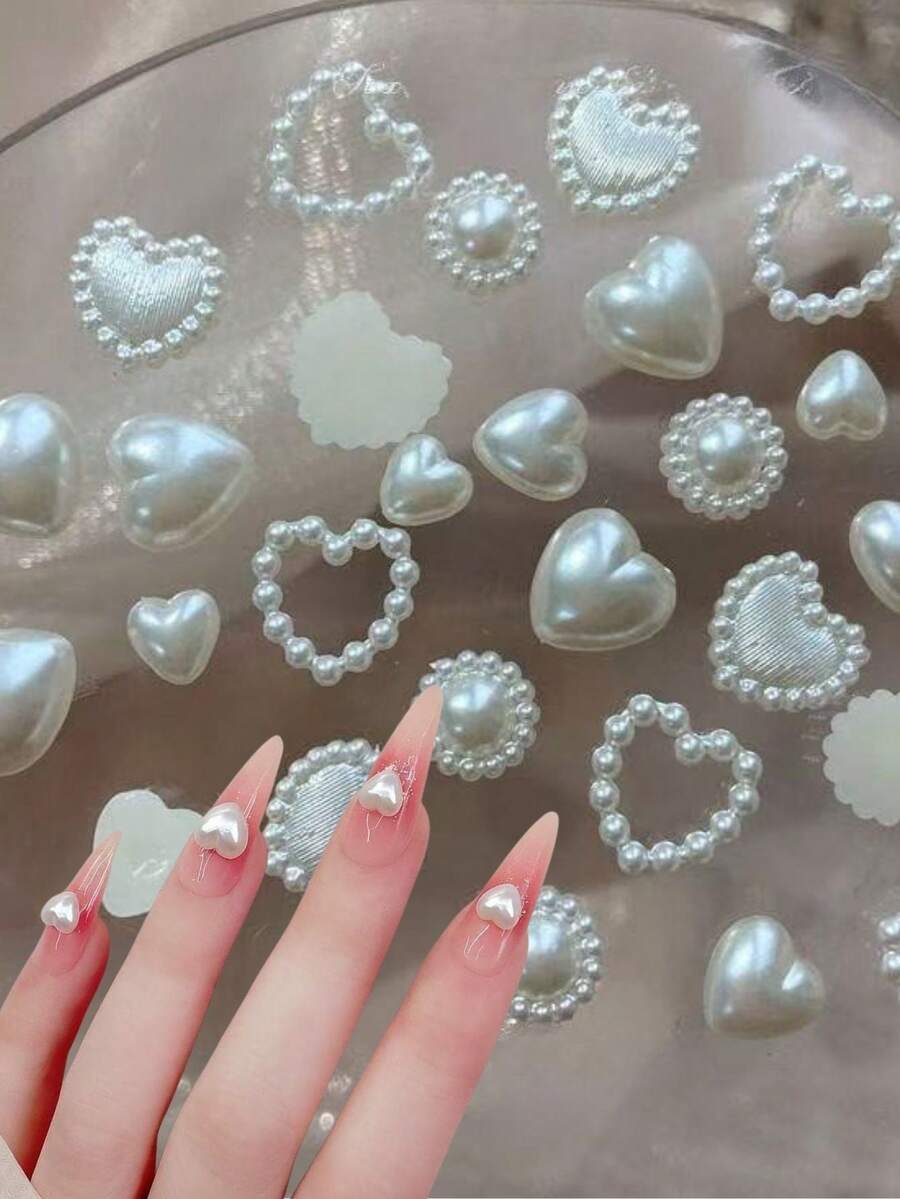 100pcs New Flat Pearl Nail Art Decorations, Mixed Hollow Heart Shaped Nail Rhinestones, DIY Handmade Nail Accessories, Nail Art Supplies, Y2K Style, Suitable For Home And Salon Use - Multicolor - View 1