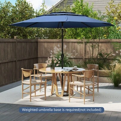  COSTWAY 295 Cm 3-Tier Vented Patio Umbrella, Large Market Table Umbrella W/ Push Button Tilt, Crank Handle, 8 Sturdy Ribs, Outdoor Heavy Duty Sun Shade For Backyard, Garden, Beach, Poolside, Grey/Beige/Navy