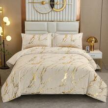 3Pcs Beige Marble Lightweight Comforter Sets -AU Double Queen King Bedding Set With Two Pillowcases,Soft & Comfortable With Polyester Filling, Machine Washable, Suitable For Wedding Items,Valentines Day Home Bed Room Decor,Mothers Day Gift,All Season - Beige - View 3