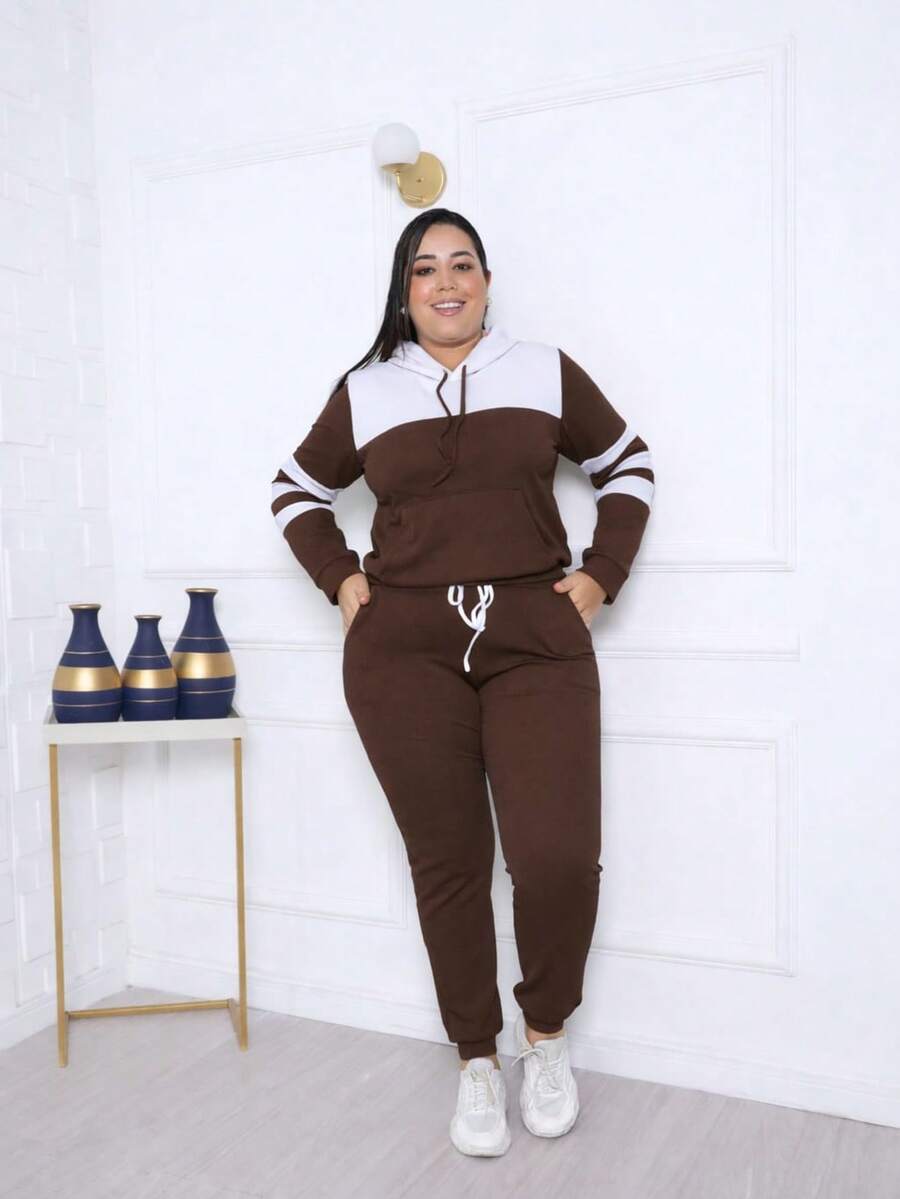 Women's Two-Tone Crepe Knit Set With Hood And Front Pocket – Comfortable And Stylish Look. - 鏽棕色 - 查看 1