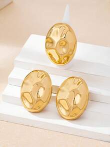 3pcs/Set Fashionable Exaggerated Round Pendant Earrings And Ring Set, Suitable For Women's Daily Wear - Yellow Gold - View 3