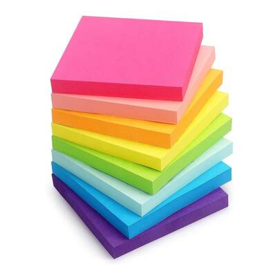 100 tờ giấy ghi chú huỳnh quang nhiều màu sắc, kích thước 7.6*7.6cm, có thể tái sử dụng.