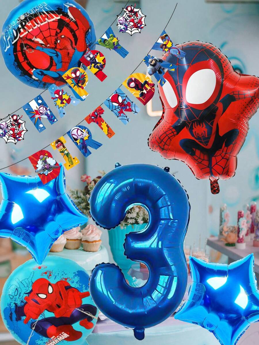 Marvel 7个漫威蜘蛛侠主题铝箔气球，含一个32英寸巨型气球，超级英雄派对装饰，生日庆祝，儿童用品，超级英雄派对气球，商场开业装饰 - 查看 1