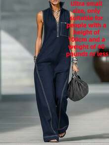 Women's Fashionable And Elegant Stand-Up Collar Sleeveless Casual Loose Bodysuit - màu xanh hải quân - Xem 9
