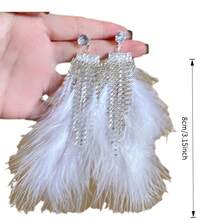 2pcs  Elegant Feather Tassel Earrings - Lightweight Luxurious Fringe Dangle Ear Accessories Suitable For Daily Wear &, Year-Round Feather Earrings - 銀針-銀色 - 查看 3