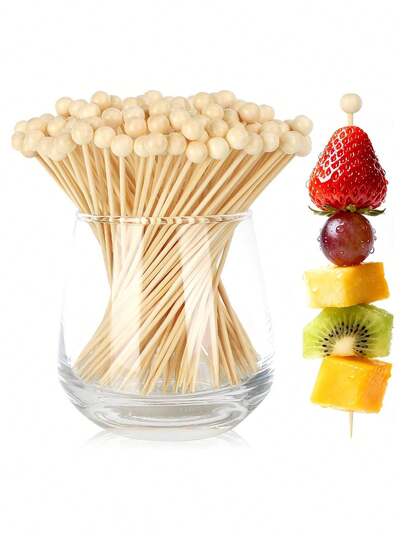 100pcs Cocktail Picks With Beads, Suitable For Appetizers And Cocktails, Perfect For Parties, Casual Dining, Made Of Natural Materials, Can Be Used For Cake Decoration, Fruits, Desserts, Birthday Parties, Weddings, Ideal Party Supplies, Fruit Party Supplies