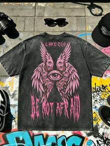 Street Graffiti Art Culture - Summer Men's Washed Cotton T-Shirt, Pink Color - Eye And Wing Pattern; Spring And Summer Casual Men's T-Shirt, 100% Washed Cotton; Street Style Fashion Men's Crew Neck T-Shirt, Unisex, Suitable For Outdoor Leisure, Sports, And Street Wear. - Black - View 3