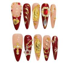 Long Teardrops False Nails With Retro Red Gold Cross Design Hand-Made 10 Pieces Set For Women - Burgundy - View 9