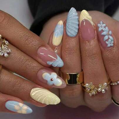 Bộ móng giả 3D bằng nhựa màu xanh và vàng kiểu Pháp thời Y2K dễ thương, 24 chiếc hình hạnh nhân dài vừa, có keo dán, phù hợp cho các quý cô công sở, sử dụng hàng ngày, hẹn hò, tiệc trà chiều.