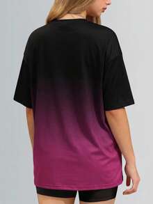 女士渐变圆领短袖T恤，休闲宽松Y2K风格上衣，春夏款 - 玫紅色 - 查看 4