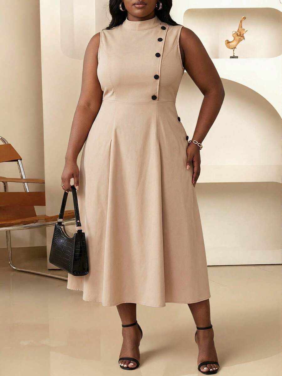 Women's Beige Fitted High Neck Sleeveless Midi Dress, Side Button Design - Elegant & Fashionable, Suitable For Office, Business, Party, Formal Events - Apricot - View 1