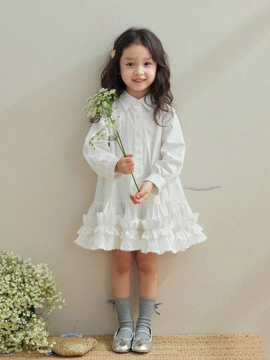 Vestido de manga larga con corte evasé, plisado y volantes con estampado floral para niña, primavera - Blanco - Ver 1