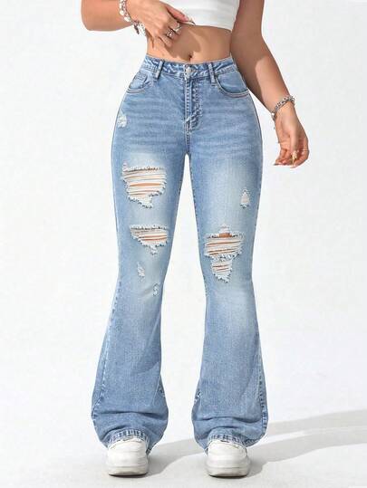 ALO FASHION Lindos y elegantes jeans largos acampanados con costura visible para mujer, confeccionados en mezclilla lavada de alta elasticidad.