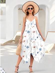 Plus Size Women Floral Print Asymmetric Hem Casual Slip Dress Elegant Vacation White Summer - White - View 1