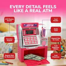 Kids ATM Piggy Bank With Code Lock - Electronic Money Counter, LCD Display & Fingerprint Scanner, Smart Savings Bank For Real Money, Educational STEM Toy For Kids' Financial Responsibility - Hồng - Xem 5