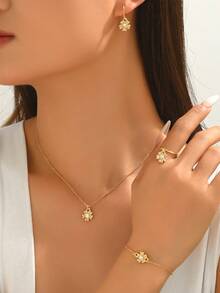 5件套女士优雅花卉水钻吊坠项链、耳环、手链、戒指首饰套装，适合日常佩戴 - 金色-N1366 - 查看 2