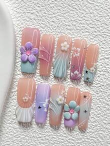 10件套梦幻童话风手工美甲套装，包含假指甲、花朵亮片美甲装饰、手工五瓣花、条纹波点美甲贴纸、紫色、白色和绿色指甲油，清新马卡龙风格，内含美甲工具（1个果冻贴纸+1个指甲锉），三种尺寸可选：杏仁形、鸭嘴形、棺材形，适合派对、日常佩戴、活动、摄影、春夏等场合。 - 彩色 - 查看 19