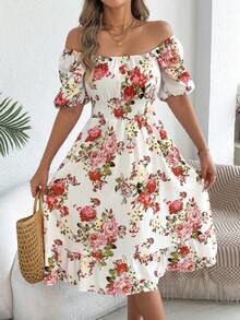 Summer Retro Floral Square Neck Dress, French Petal Sleeve Ruffle Hem A-Line Mid-Length Cinched Waist Vacation Dress Elegant White - White - View 5